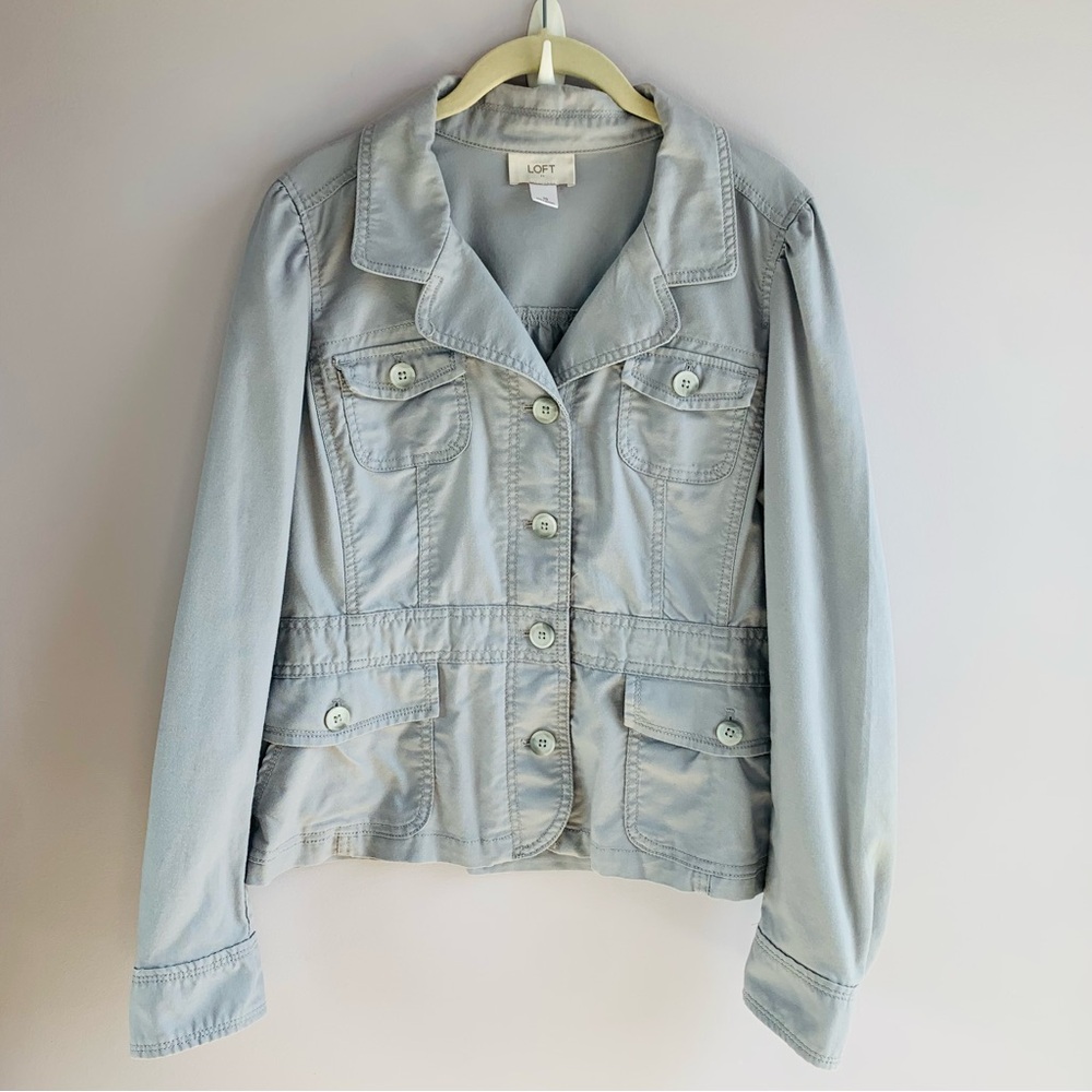 LOFT Utility Jacket Light Grey Cotton Blend Pockets Casual Fall Spring EUC 10